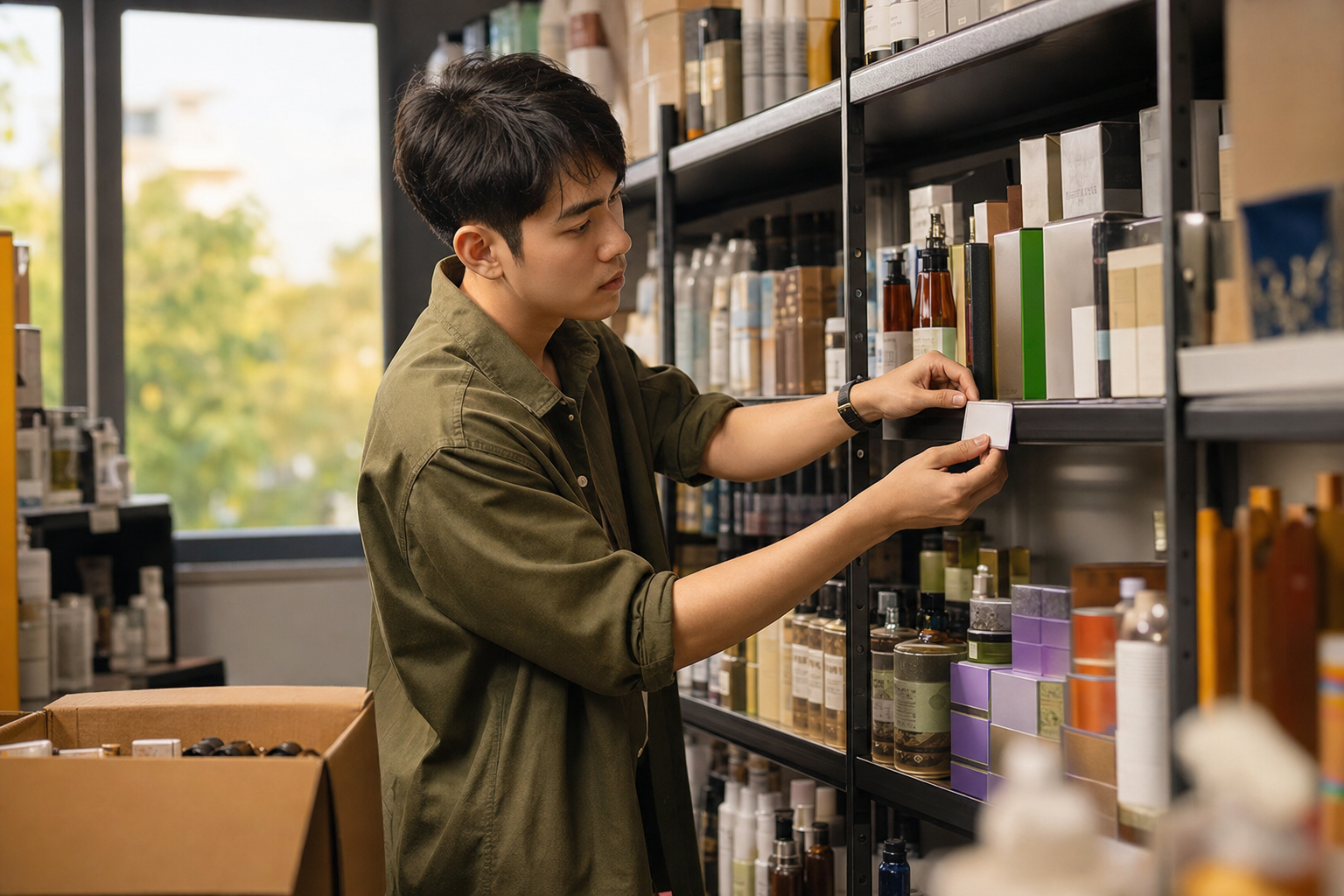 Nhân viên shop kiểm hàng và cập nhật nhãn kệ trước ca livestream buổi tối