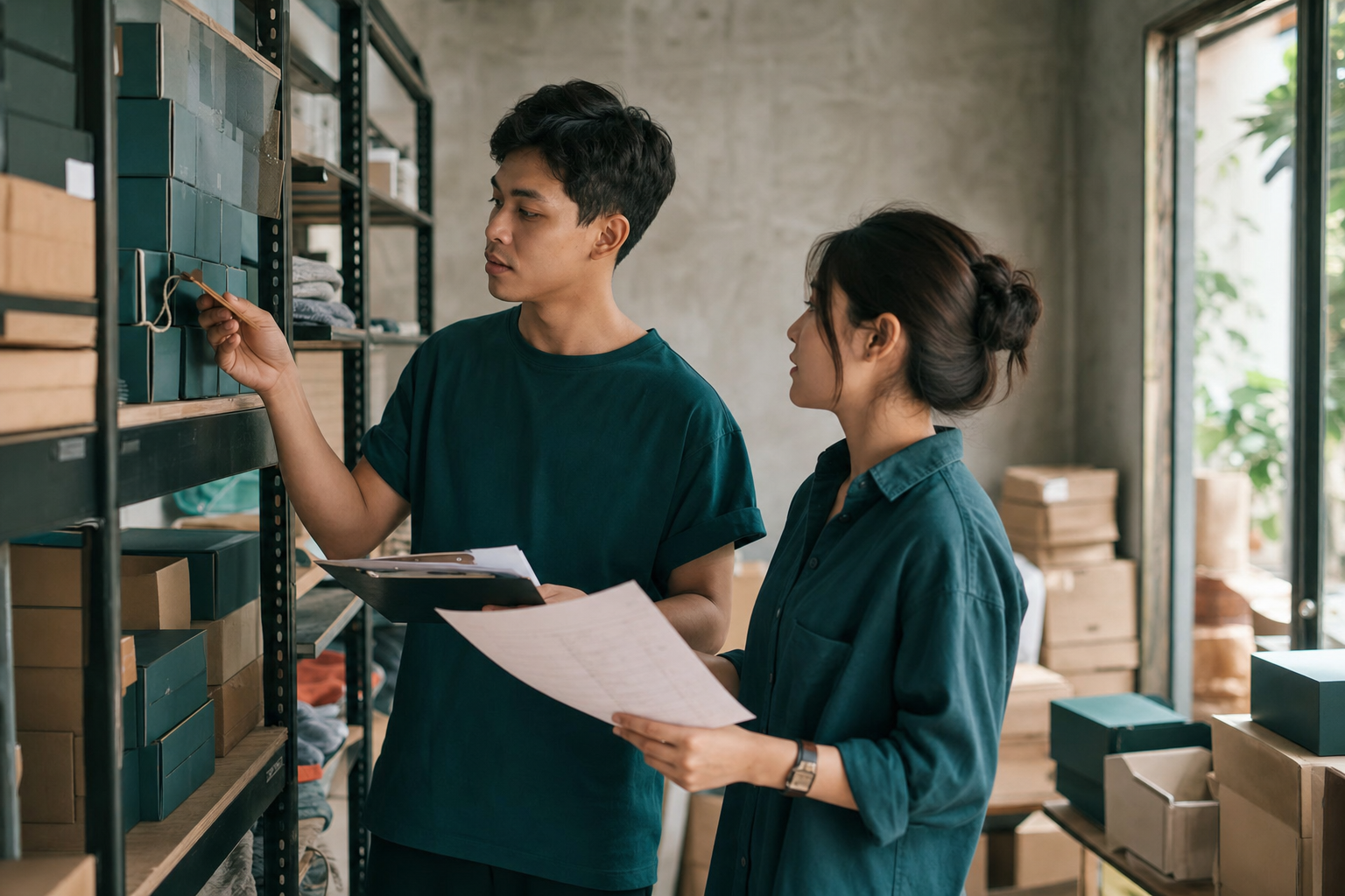 Nhân viên kho đối chiếu mã sản phẩm với vị trí hàng và đơn đang xử lý