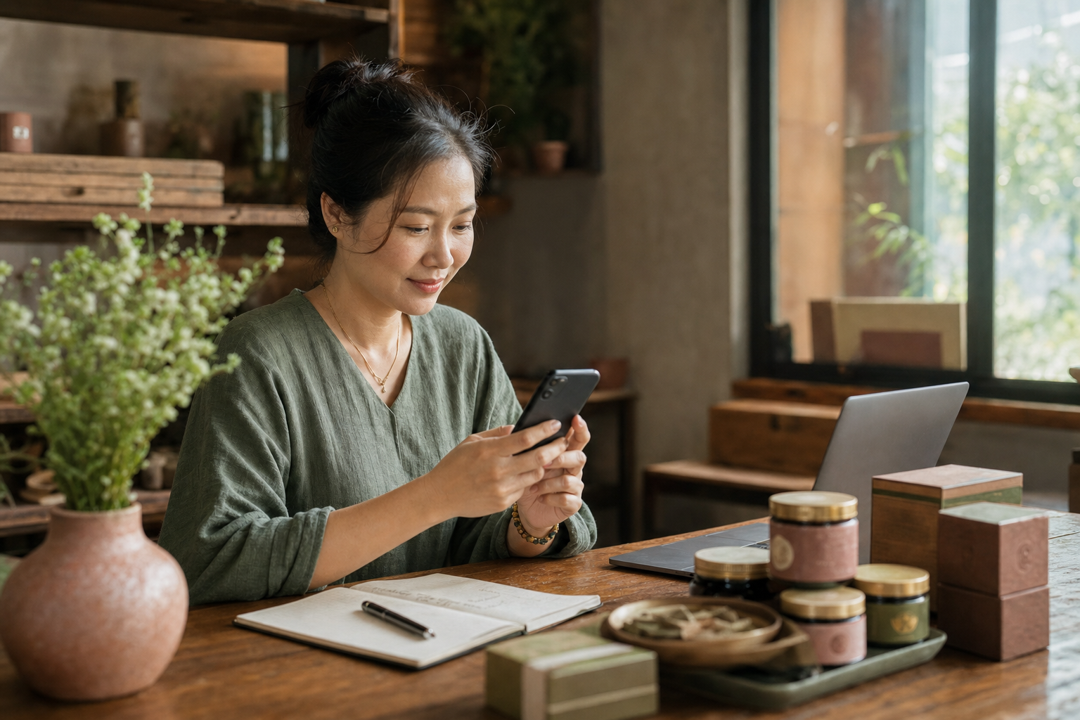 Chủ shop trả lời khách quay lại vào buổi sáng bên cạnh sản phẩm và ghi chú đơn