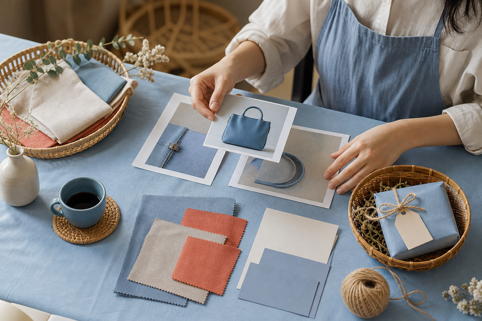 Chủ shop chuẩn bị bộ thông tin gọn với mẫu vật liệu, ảnh thật và sản phẩm để khách dễ chuyển tiếp