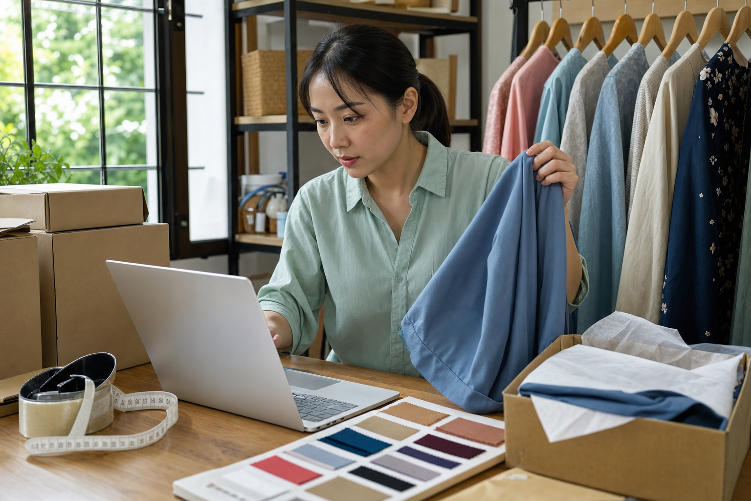 Chủ shop đối chiếu phản hồi khách, số đo và một món hàng hoàn về