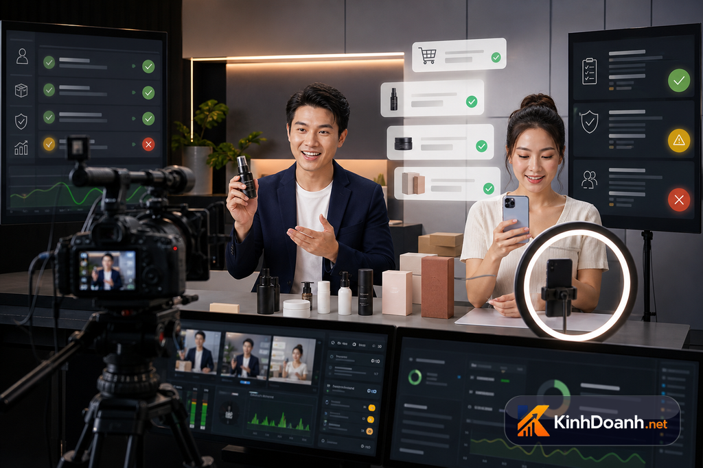 Livestream commerce với KOC và affiliate, camera, đơn hàng và cảnh báo kiểm soát claim
