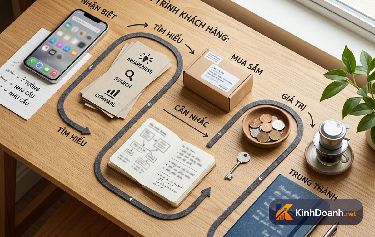 Bàn làm việc mô phỏng hành trình khách hàng từ xem sản phẩm, đọc đánh giá đến nhận hàng