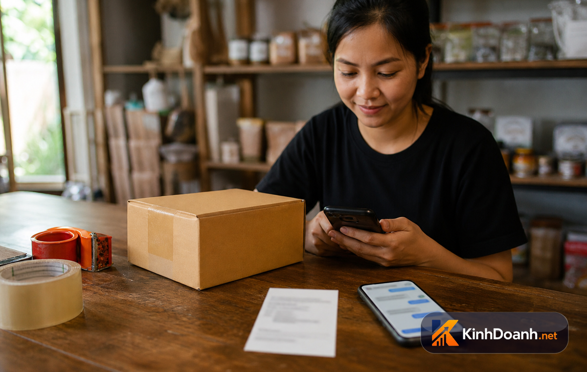 Bàn làm việc shop với chính sách đổi trả và gói hàng minh họa cách giảm rủi ro mua lần đầu