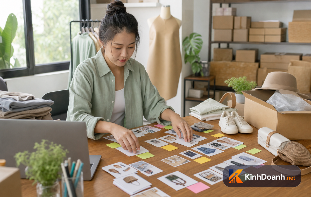 Bàn làm việc đang gom menu sản phẩm thành các nhóm dễ chọn cho khách