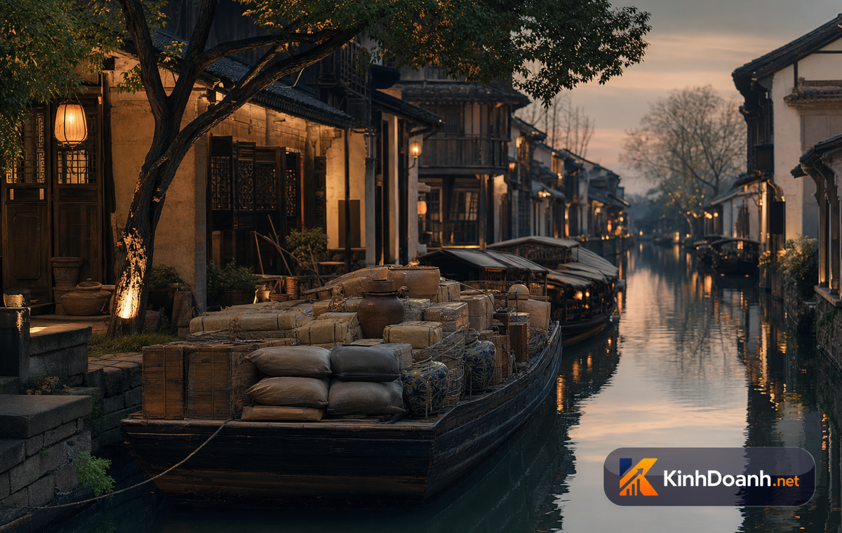 Bến sông Giang Nam thời cổ với thuyền buôn và nhà cửa trù phú, tượng trưng cho thương mại đường thủy