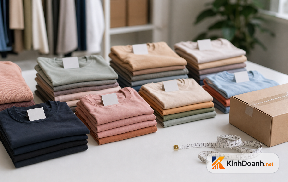 Giá treo quần áo được sắp xếp gọn gàng theo màu trong một shop thời trang nhỏ
