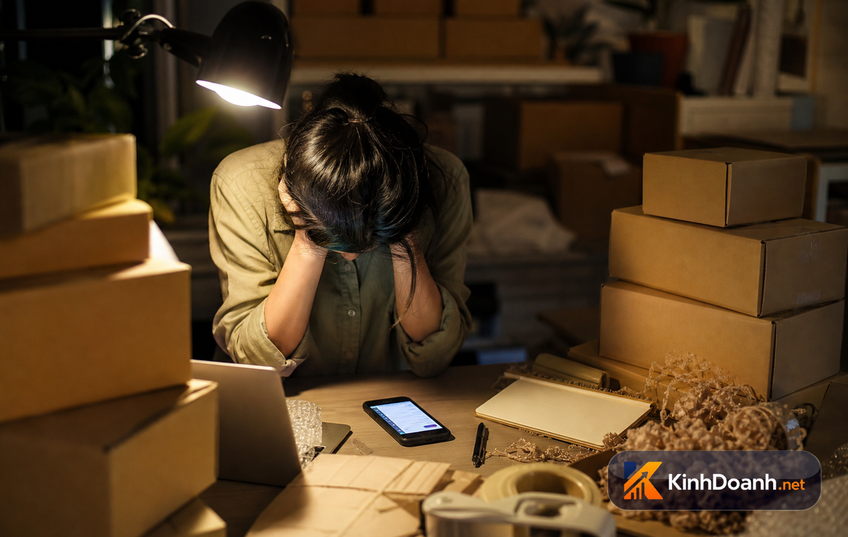 Bàn làm việc của shop online với khu đóng gói đơn hàng và khu xử lý giấy tờ tách biệt