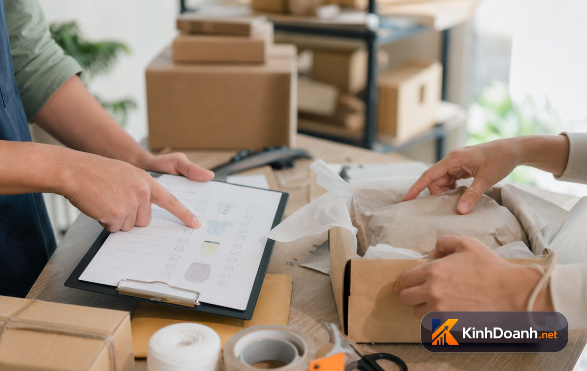 Người chủ shop hướng dẫn quy trình đóng gói cho nhân viên mới bên bàn làm việc