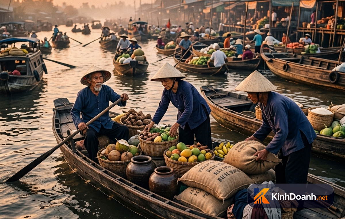 Thương hồ miền Tây xưa chở hàng trên ghe ở chợ nổi lúc bình minh