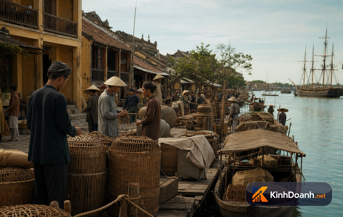 Bến cảng Hội An xưa với ghe thuyền và hàng hóa