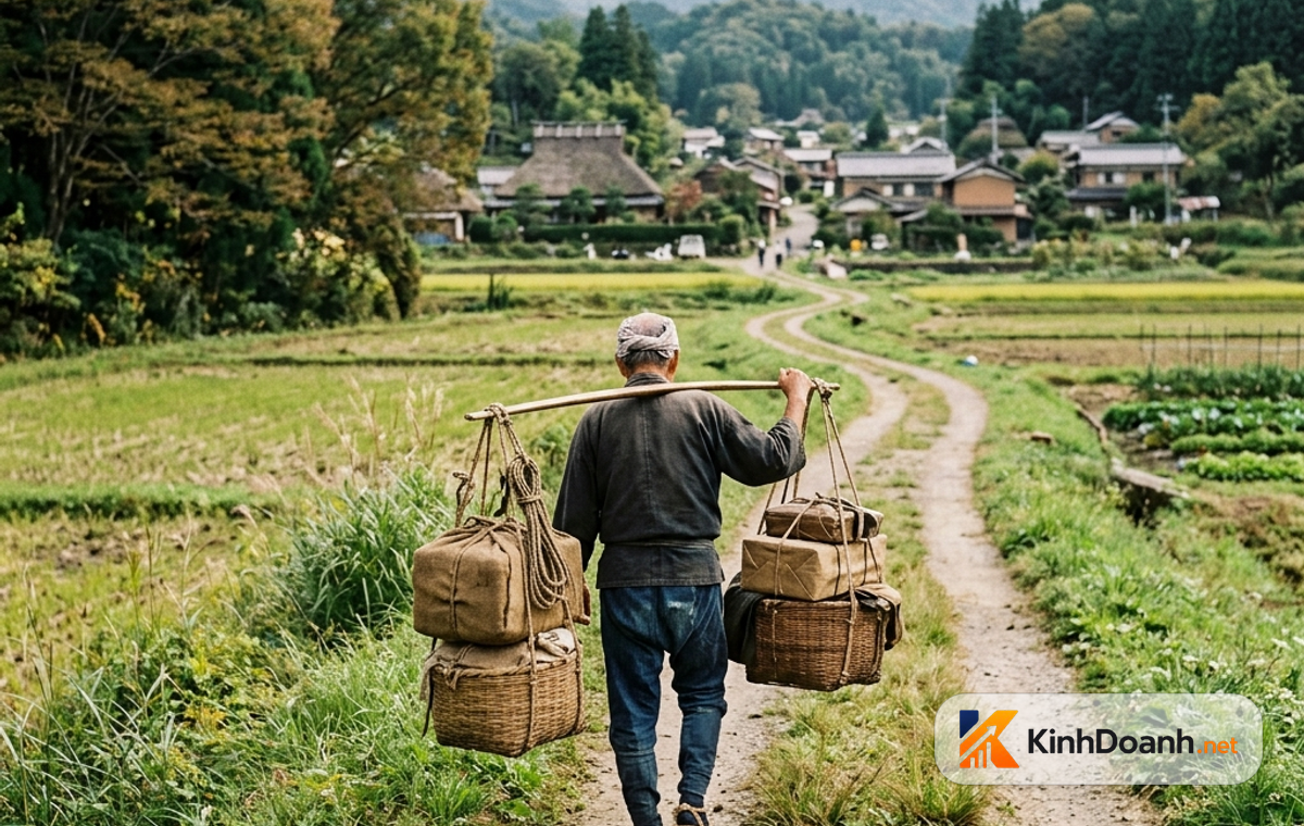Thương nhân Nhật xưa gánh hàng đi bộ trên đường quê, dáng vẻ cần mẫn