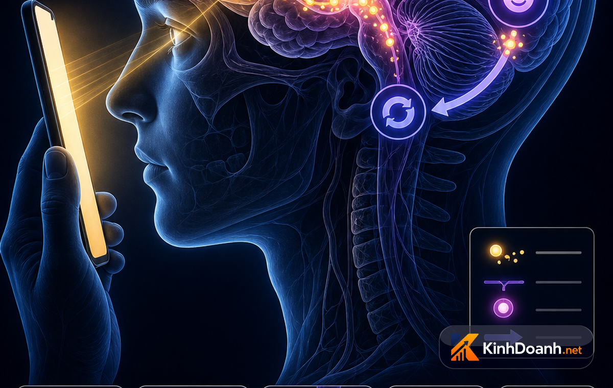 Sơ đồ infographic miêu tả vòng lặp Dopamine trong não người khi lướt mạng xã hội