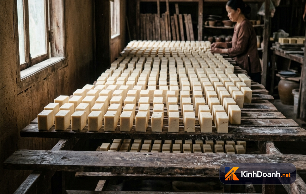 Cục xà bông thủ công cùng nguyên liệu dầu dừa trên bàn gỗ mộc mạc