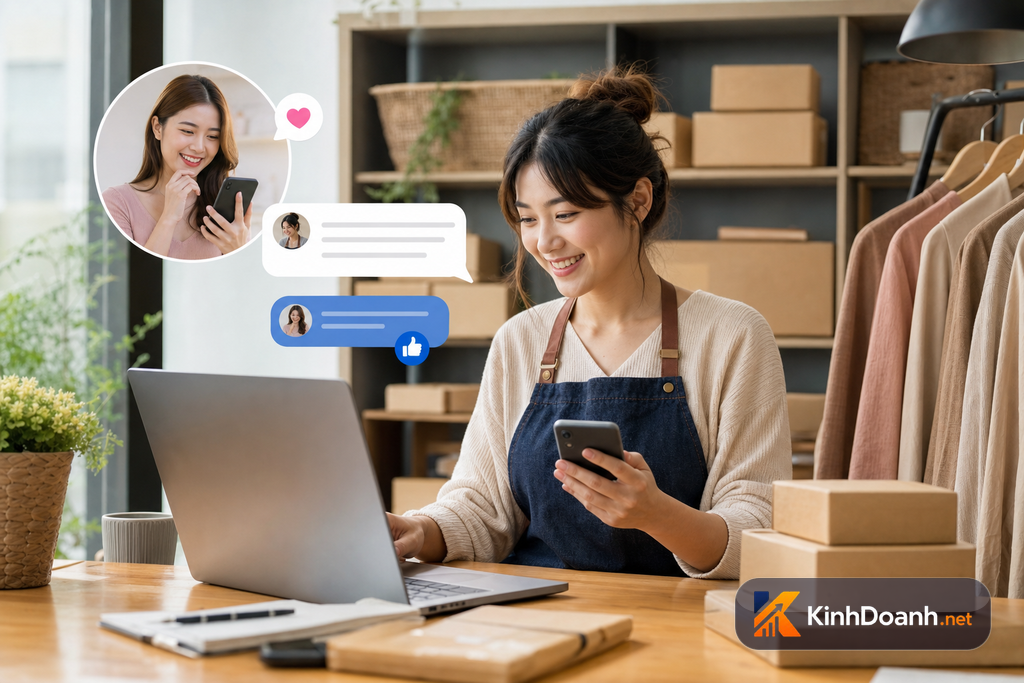 Chủ shop nhỏ trả lời inbox nhanh và khách yên tâm đặt hàng không dùng giao diện app thật