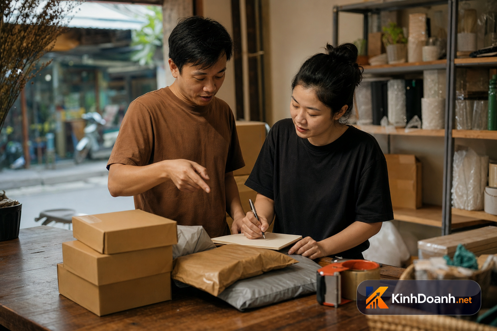 Hai người trong shop nhỏ bàn giao đơn cuối ca bên bàn đóng gói