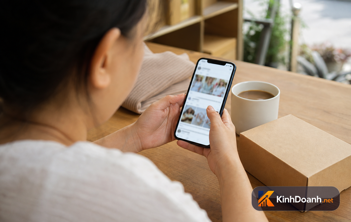 Chủ shop online viết caption bán hàng trên điện thoại bên cạnh sản phẩm