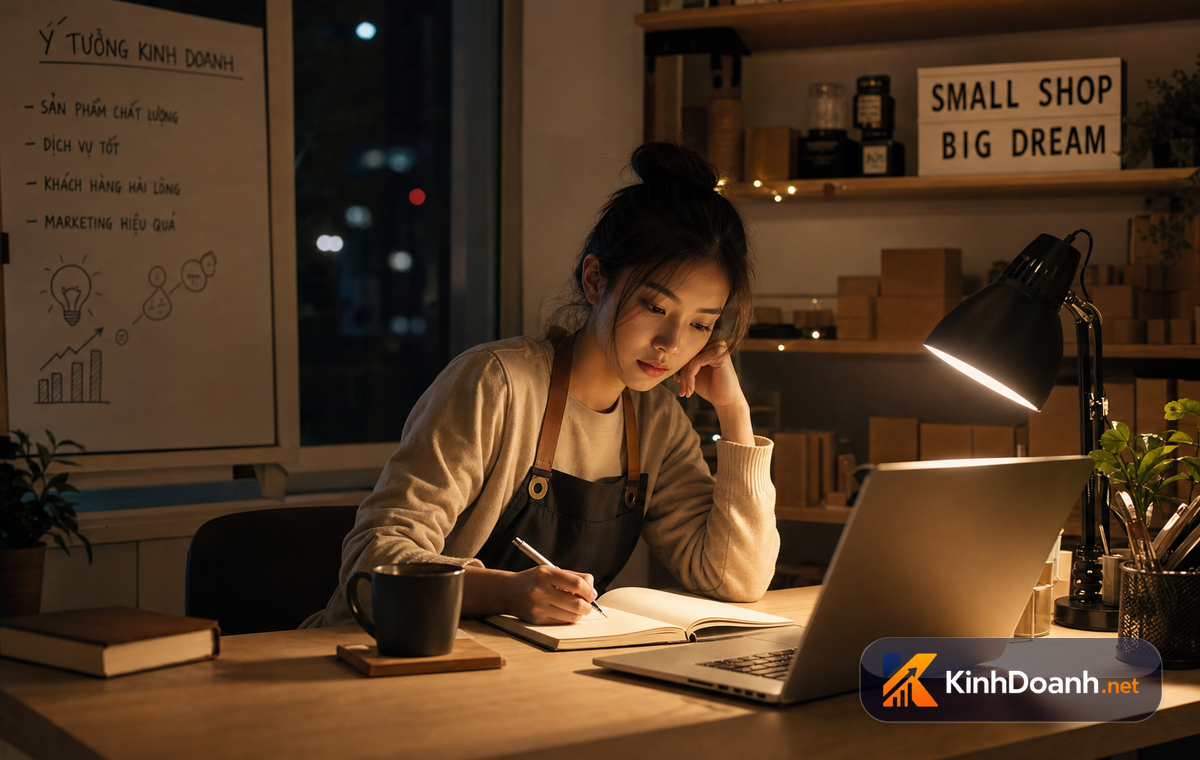 Chủ shop nhỏ thức đêm ghi chép ý tưởng kinh doanh