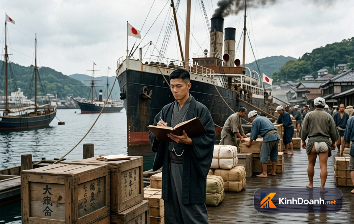 Bến cảng Nhật Bản thế kỷ 19 với tàu hơi nước, kiện hàng và thương nhân cầm sổ