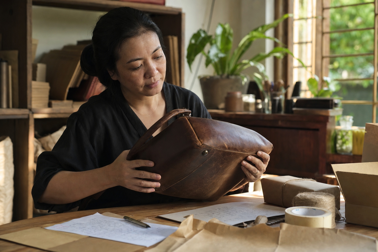 Chủ shop nhỏ quan sát một món hàng đã dùng qua thời gian cạnh bàn đóng gói