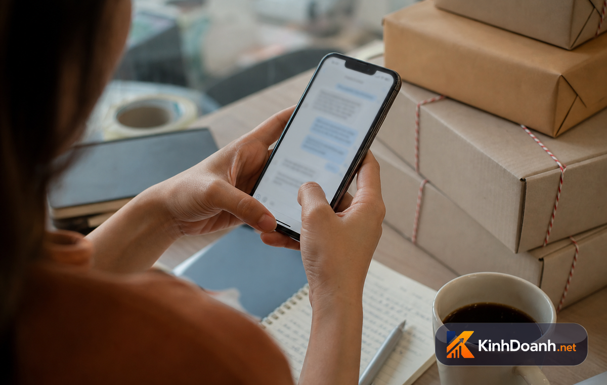 Chủ shop online chăm sóc khách hàng qua điện thoại với kịch bản tin nhắn Zalo OA