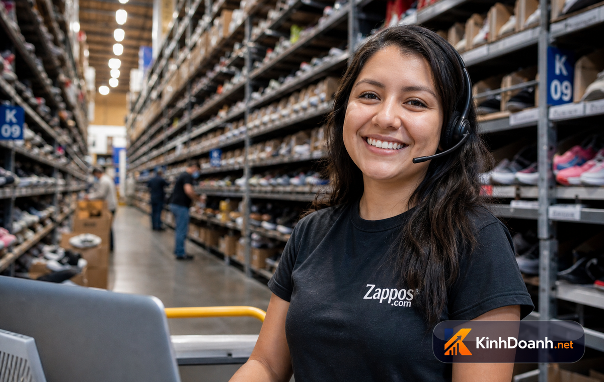 Khung cảnh một tổng đài viên Zappos đang mỉm cười thân thiện nghe điện thoại giữa một văn phòng ngập tràn hộp giày và không khí vui nhộn