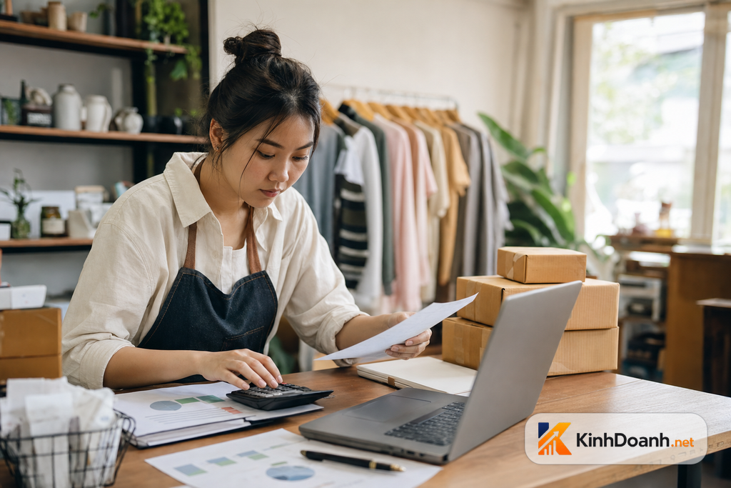 Chủ shop nhỏ tính điểm hòa vốn với laptop hóa đơn và hộp hàng