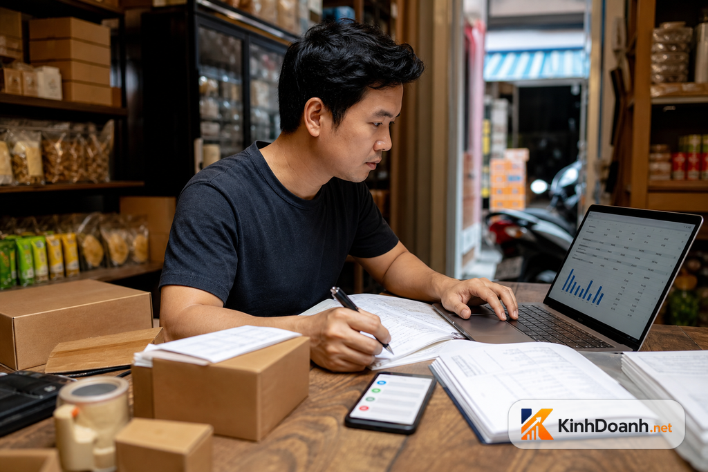 Chủ shop nhỏ xem bảng dòng tiền bên cạnh hàng tồn và hóa đơn
