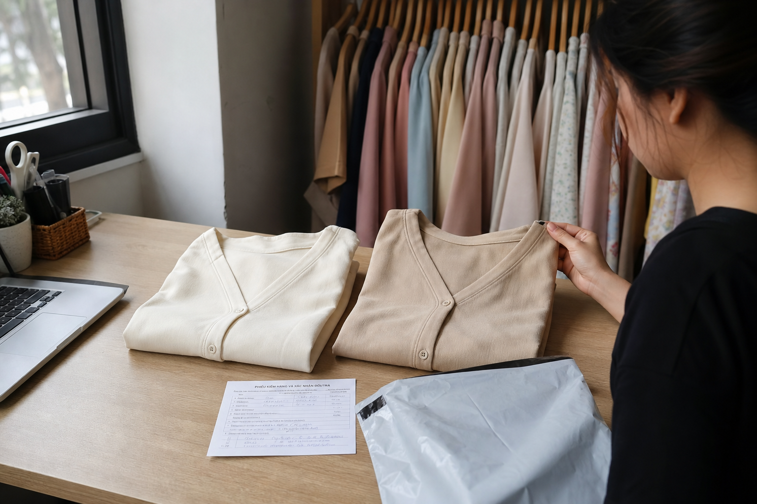 Hai chiếc áo tông kem và be đặt cạnh đơn hoàn tại bàn làm việc của shop