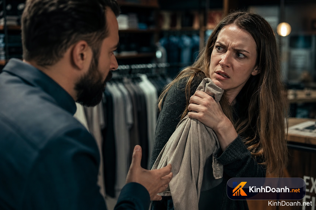 Khách hàng ôm khư khư món đồ trong tay không chịu trả lại cho chủ shop