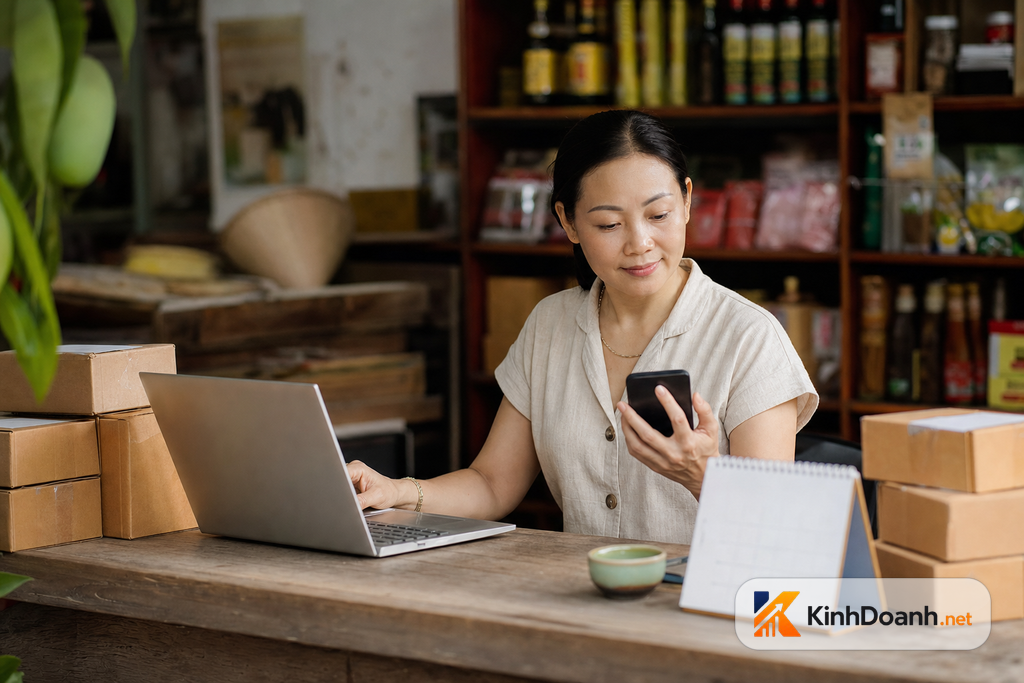 Chủ shop nhỏ chăm sóc danh sách khách cũ trên laptop và điện thoại