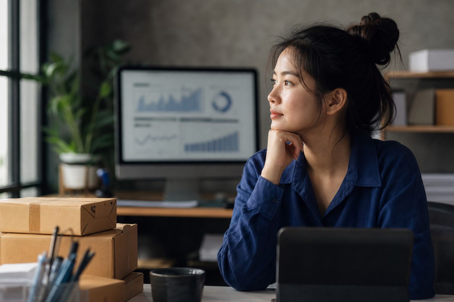 Chủ shop nhỏ nhìn dữ liệu bán hàng buổi sáng bên cạnh vài kiện hàng đã đóng