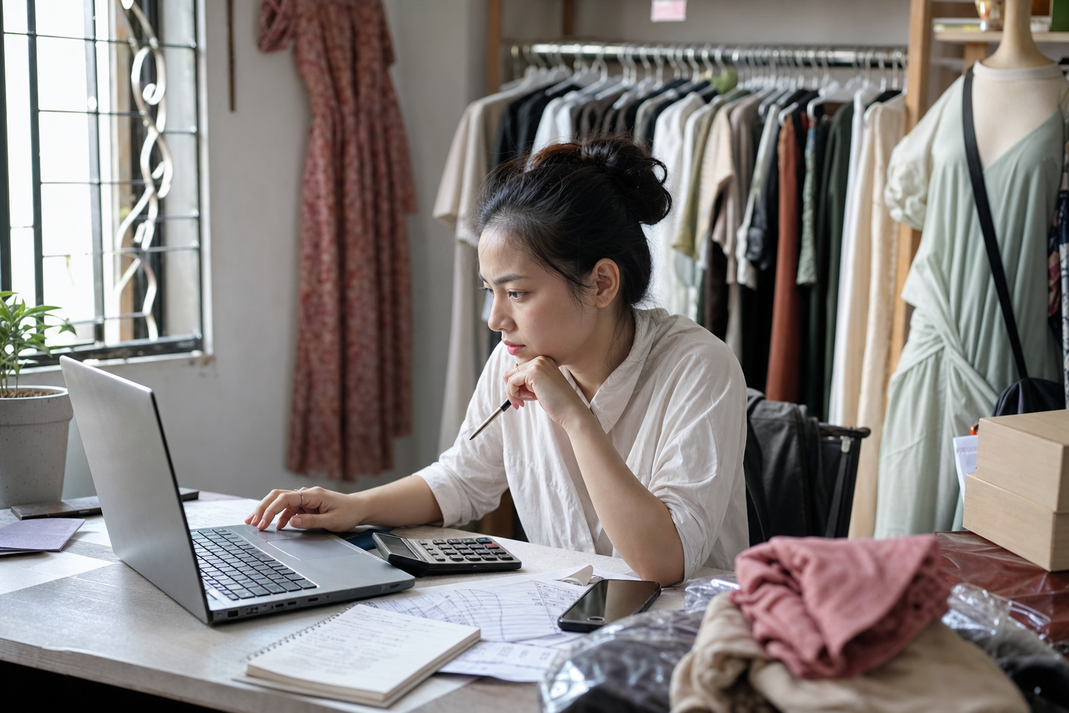 Chủ shop ngồi đối soát dashboard, phiếu đơn và bảng tính vào buổi sáng