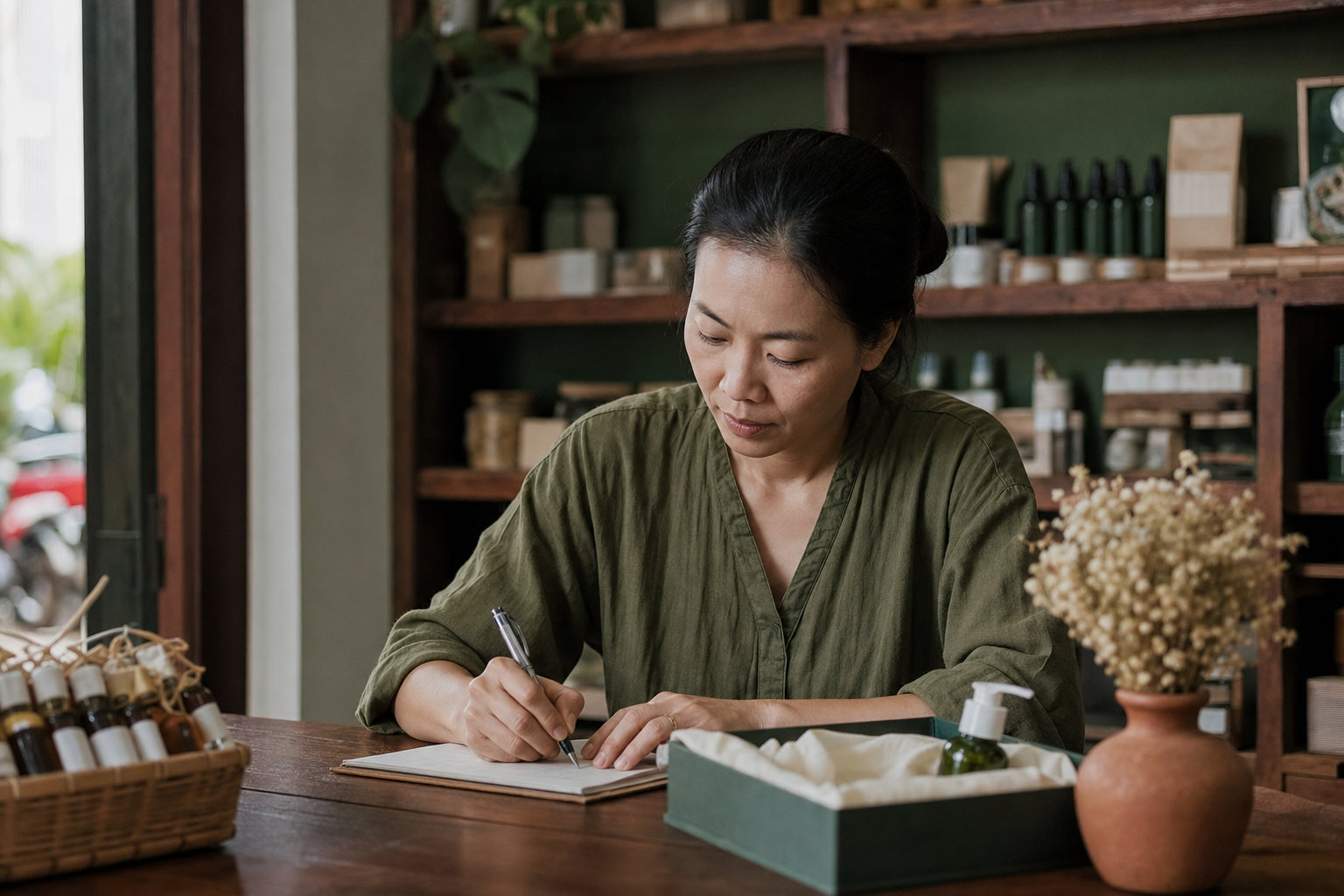 Chủ shop ghi mốc hàng về bên cạnh hộp mẫu chưa đóng gói