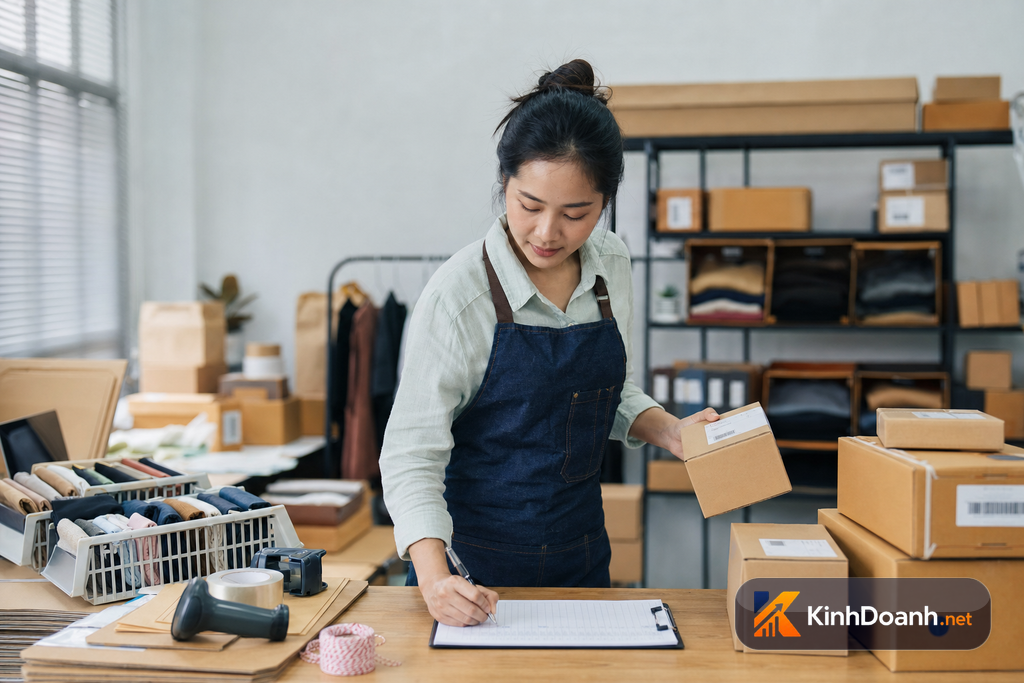 Chủ shop nhỏ kiểm đơn trên bàn đóng gói với checklist và mã vận đơn
