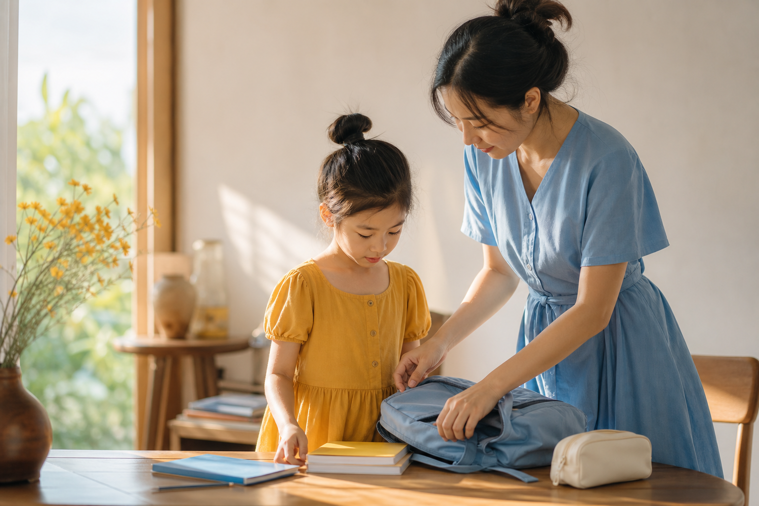 Phụ huynh và con chọn vài món đồ học tập trên bàn