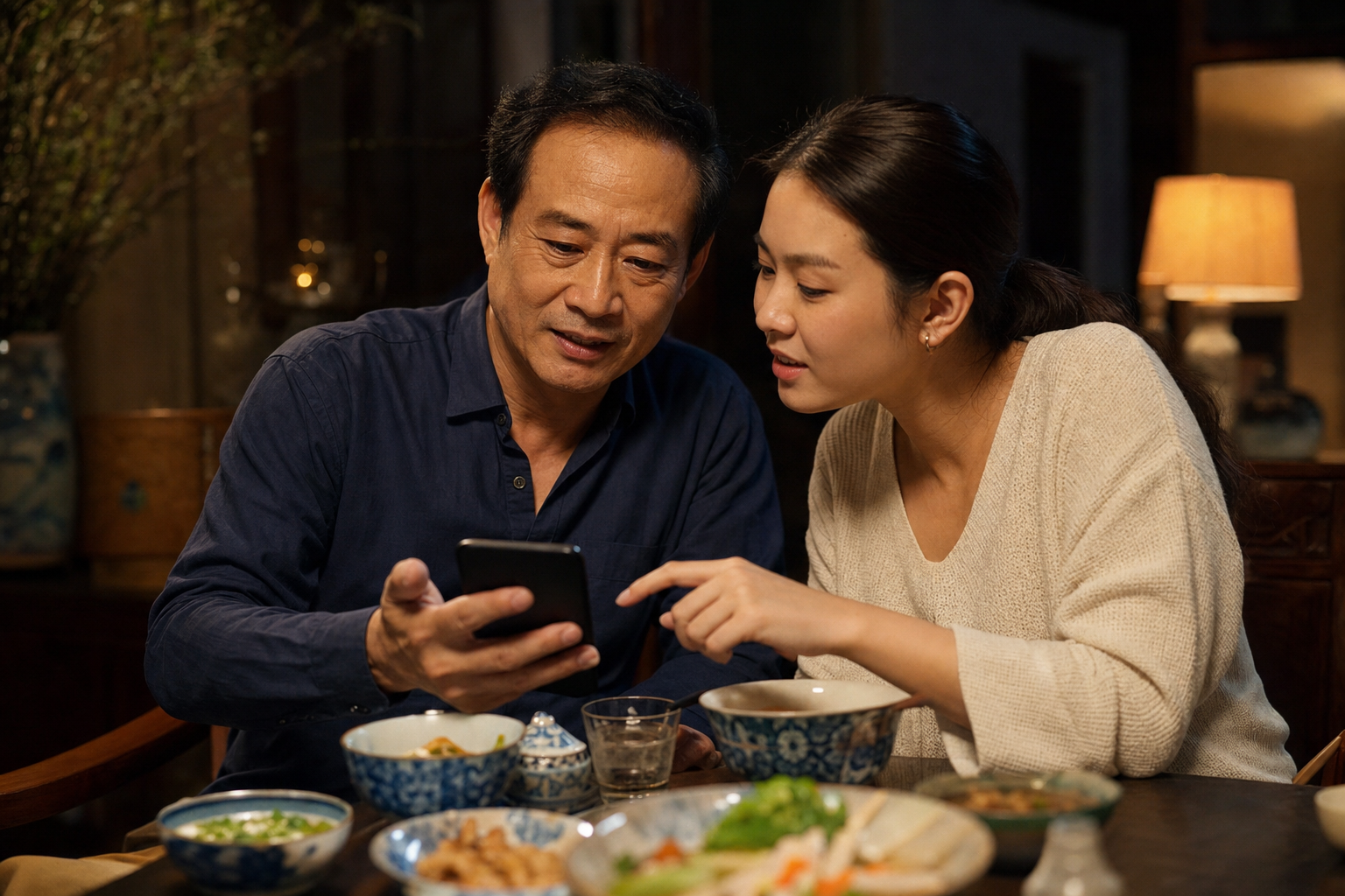 Hai người thân cùng xem sản phẩm trên điện thoại bên bàn ăn