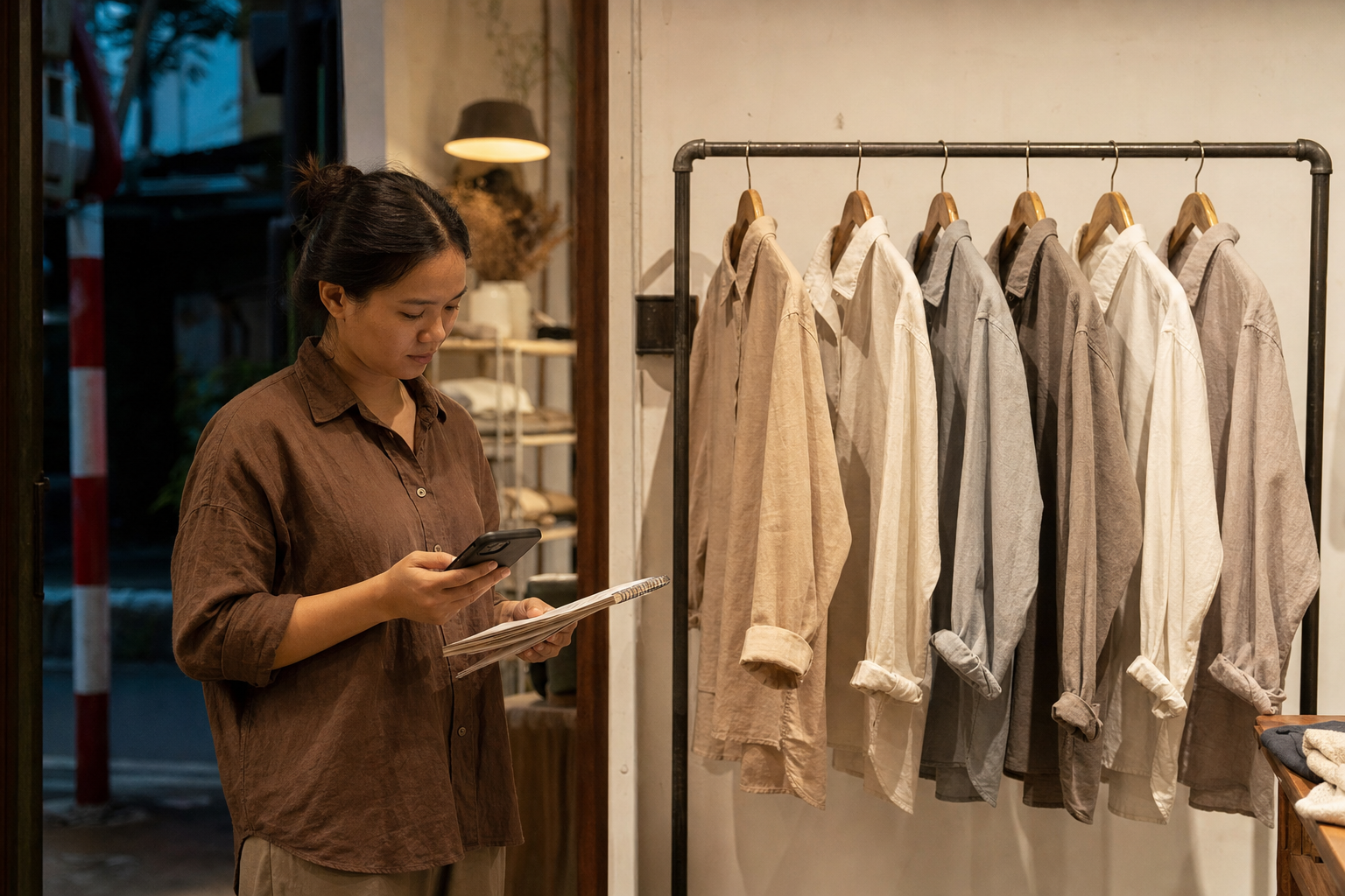 Chủ shop kiểm tra những chiếc áo bán chậm trên giá vào cuối ngày